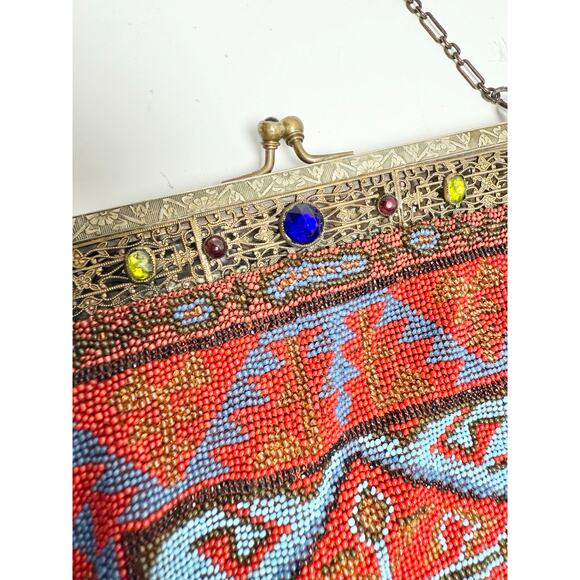 Antique Art Nouveau Edwardian French Cut Steel Hand Beaded Purse w/Jeweled Clasp - Picture 5 of 12